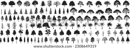 silhouette tree line drawing set, Side view, set of graphics trees elements outline symbol for architecture and landscape design drawing. Vector illustration in stroke fill in white. Tropical