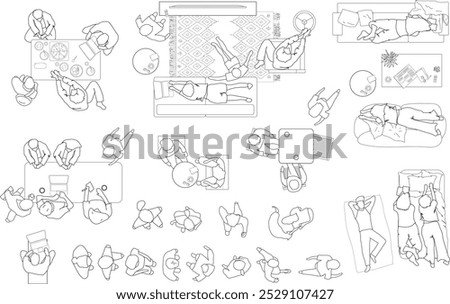 Architectural Drawings, people plan vector in park out door illustration, top view, Minimal style hand drawn, set elements for architecture and landscape design. Sections, Elevations, Floor Plans.