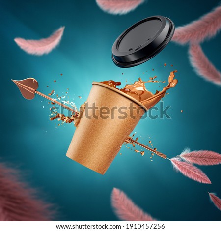 Craft cup with a splash of latte coffee. Valentine's day poster. Cupid's arrow pierces the paper with splashes of coffee. For the love of food. Blue background with flying feathers