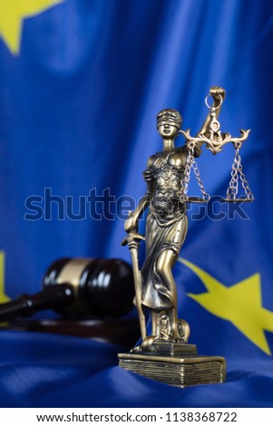 Similar – Image, Stock Photo Lady Justice and European Union flag. Symbol of law and justice with EU Flag