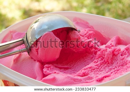 Red berries ice cream and an ice-cream spoon