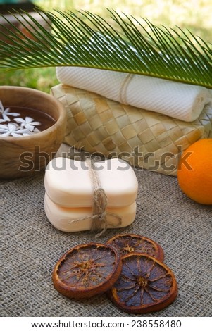 Two bars of orange soap.Dried and fresh orange in the background