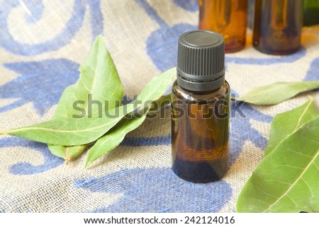 A dropper bottle of bay leaf essential oil. Bay leaves in the background