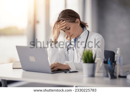 Similar – Image, Stock Photo hard working female doctor, heath care worker with face shield and mask in black and white