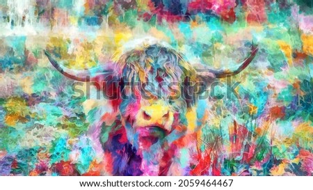 Watercolor painting Beautiful Scottish cattle pasture in the highlands