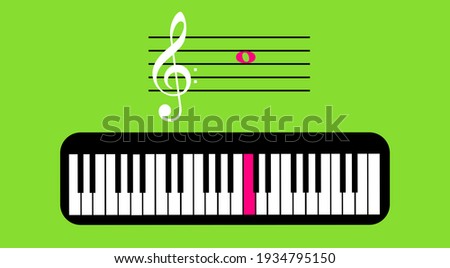 The G-clef in second line. Musical note C located in the third space of the staff and its piano key. Illustration with reference to art. Teaching of writing, sol-fa, music education. Stock fotó © 