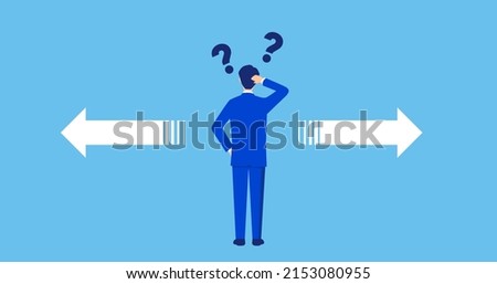 Businessman confused,different direction arrows,question mark,vector illustration