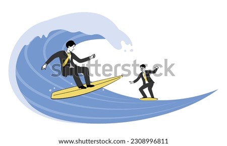 Two businessmen on a surfboard with a big wave, image illustration of riding a wave, vector
