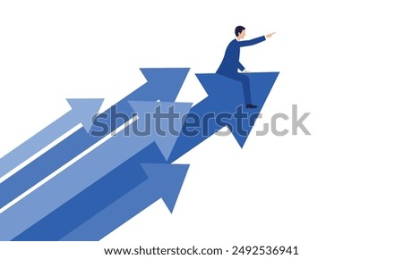 Business Growth and Leadership: Businessman Pointing to the Future with Evolving Arrows - Flat Illustration