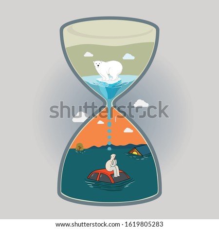 Polar bear standing on small melting iceberg on the top half of hourglass and water drops to the bottom half of hourglass where a man sitting on rooftop surrounded by flooding water