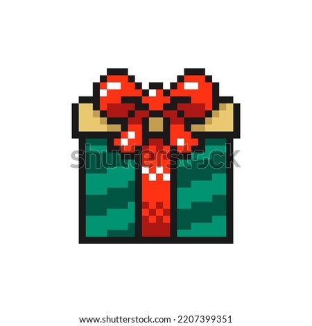 Gift box with ribbon and bow icon in pixel art design isolated on white background, Christmas and New Year vector sign symbol.