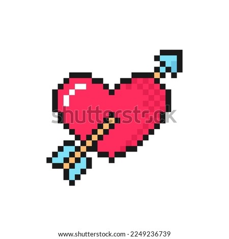 Red heart with arrow pixel icon. Love symbol for Valentine's Day. Isolated on white background vector sign
