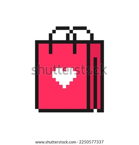 Valentine's Day paper gift bag with heart icon in pixel art style. Love symbol, isolated on white background vector sign