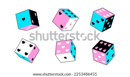 Heart dice icons set in trendy y2k neon retro design. Valentine's day concept in 90s, 00s aesthetic. Vector sign isolated on white background. 