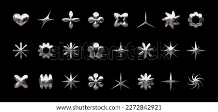 Y2K chrome elements for design - stars, flowers, and other simple geometric shapes. Trendy collection of vector abstract figures with a shiny metallic effect Foto stock © 