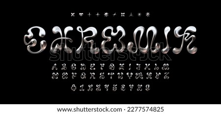 Vector chrome Y2K font with liquid distortion. Perfect for futuristic designs. Includes letters, numbers, and abstract geometric shapes. Metallic, shiny, and reflective with a 3D gradient effect