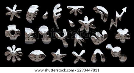 Set of Y2K themed chrome 3D objects, vector abstract shapes with metallic shine - star, arrow, flower, drop, and more