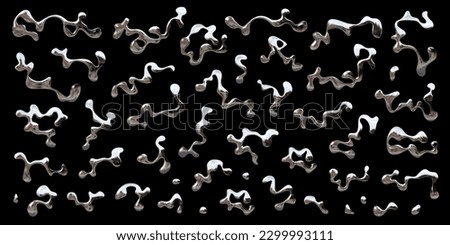Chromed liquid metal elements in abstract wave shapes and droplets, isolated 3D volumetric vector forms for futuristic or Y2K design, silver, spilled mercury