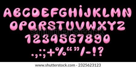 Glossy 3D bubble font in Y2K style: shiny plastic pink English alphabet letters and numbers, realistic vector illustration