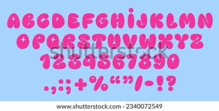 Playful pink bubble font inspired by 90s and Y2K themes. Puffy cartoon letters perfect for trendy and fun designs. Includes uppercase letters, numbers, and symbols. Vector illustration