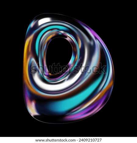 Holographic glossy 3D letter D, Y2K retro futuristic style with metallic reflection. Balloon bubble effect, volumetric render, isolated vector illustration