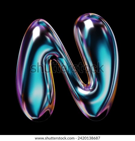 Holographic 3D N from liquid glass or metal with a glossy reflective surface and highlights. Y2K style sleek and shiny balloon bubble shape, rendered vector for modern retro futuristic 2000s design