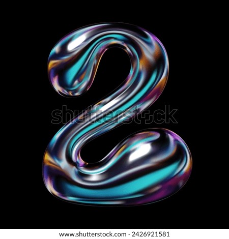 3D holographic number 2, glass or liquid metal in neon rainbow colors.  Two numeral sign in balloon bubble shape with shiny, glossy, reflective surface. Isolated Y2K retro futuristic vector