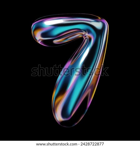 3D glossy holographic number 7 render, glass or liquid metal in neon rainbow colors. Seven numeral sign in inflated balloon bubble shape with iridescent surface. Isolated Y2K retro futuristic vector