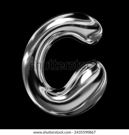 3D chrome letter C from English alphabet, Y2K retro typeface with inflated balloon bubble font style, rendered in liquid metal with glossy shiny fluid surface, vector isolated