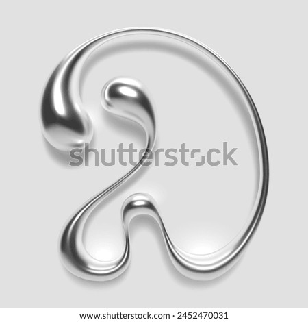 3D melted liquid metal letter D, English alphabet, with a glossy reflective surface, abstract fluid droplet shape, and silver chrome gradient. Isolated vector letter for modern Y2K typography design