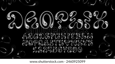 3D chrome liquid metal alphabet letter and number set with wavy melting shapes. Fluid Y2K font with bubble and dripping elements for futuristic text. Silver typography for banner, poster, print