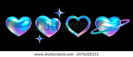 Set of 3d holographic y2k hearts with rainbow chrome surface. Vector isolated elements including solid heart, open heart, heart with ring, and spark for futuristic, sci-fi, romantic, valentine designs