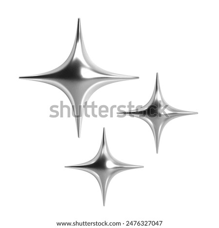 3d chrome star shapes with sleek, shiny silver surfaces. Isolated abstract elements in y2k style for futuristic, cosmic, celestial, sci-fi designs, adding a modern, glossy touch, spark, and glitter