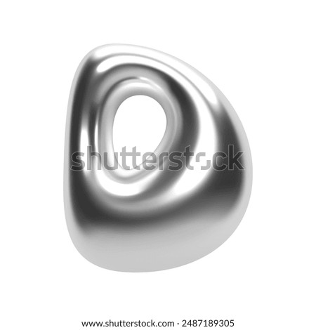 3D chrome bubble letter D in futuristic Y2K style. Inflated aluminum liquid metal form with shiny silver glossy surface. Isolated alphabet letter from trendy vector render font for modern typography