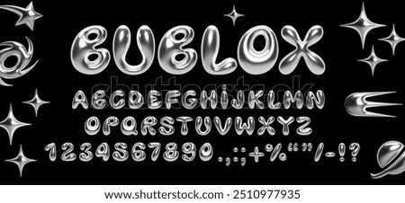 3D chrome balloon bubble font in Y2K style. Realistic shiny silver inflated letters, numbers, and symbols with liquid metal effect for modern retro typography, banners, posters, and digital design