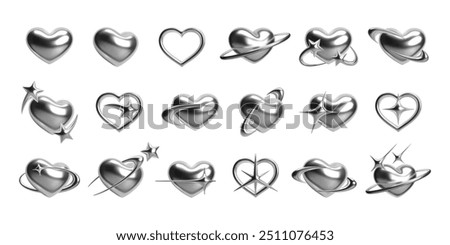 3d metallic chrome hearts set with futuristic Y2K elements. Glossy silver hearts in various shapes, stars, rings, spark effects. Ideal for cyber, cosmic, celestial, Y2K, and romantic themes