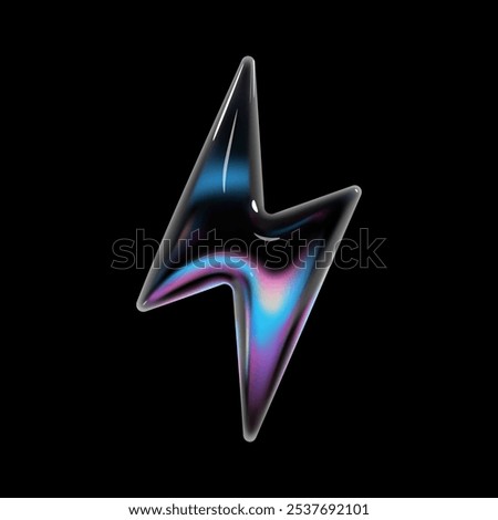 3d holographic glass lightning bolt icon with glossy, reflective surface. Neon gradient balloon shape as an electric sign or symbol for energy, power, charge, and flash in Y2K style