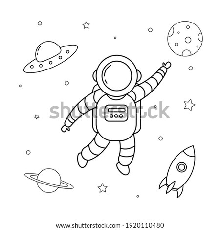 Little Astronaut and outer space outline for children coloring book