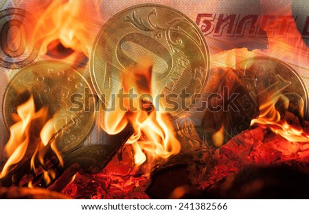 Collage depicting devaluation in Russia. Russian currency in fire