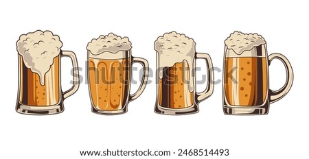 set of beer mugs of foamy fresh drink in vintage style isolated on white background