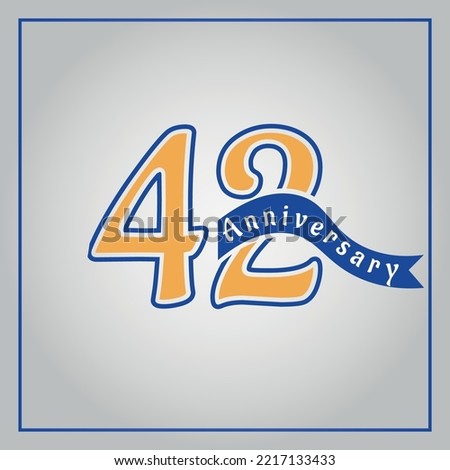 42 Years Anniversary celebration logotype colored with yellow and blue, using blue ribbon and isolated on gray background.