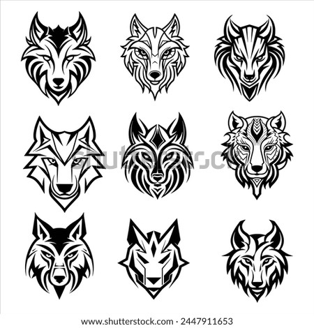 Vintage wolf face logo , minimal mono line icon, black and white color isolated on white vector illustration set