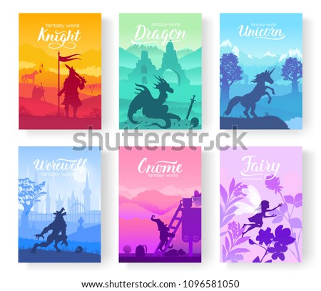 Set of diverse fantasy worlds illustration. Fantasy creatures from old myths and fairy tales. Template of magazines, poster, book cover, banners. Landscape invitation concept