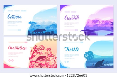 Brochures with varieties of reptiles. Animals in their habitat. Flyers with wild animals in nature. Template of magazines, poster, book cover, banners. Landscape invitation