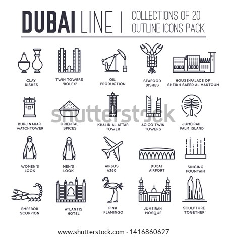 Set of culture symbols and sightseeing attractions of Dubai thin line icons on white. Famous architecture outline pictograms collection. Landmarks, dishes vector elements for infographic, web.