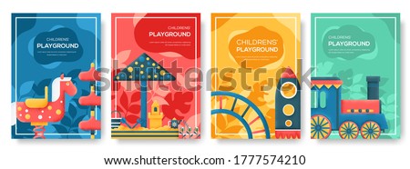 Staff equipment template of flyear, magazine, poster, book cover, booklet, banners. Grain texture and noise effect. People character with items around Kids playground background.