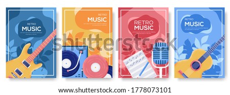 Retro music equipment flyer, magazines, poster, book cover, banners. invitation cards concept background. Layout illustration modern slider page. Grain texture and noise effect. 