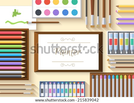 flat art painter workshop with paint supplies equipment tools background. Vector illustration design 