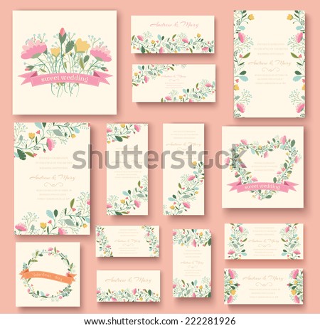 colorful greeting wedding invitation card illustration set. Flower vector design concept collection