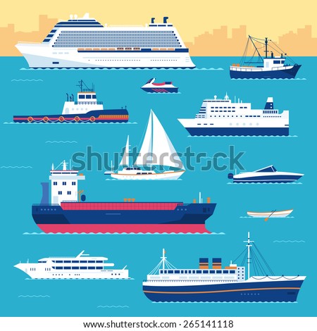 Set of flat yacht, scooter, boat, cargo ship, steamship, ferry, fishing boat, tug, bulk carrier, vessel, pleasure boat, cruise ship with blue sea background concept. Vector design illustration